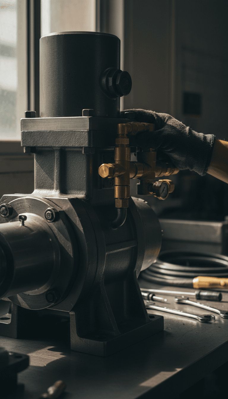 Close-up of a hydraulic pump with a technician's hand adjusting a fitting