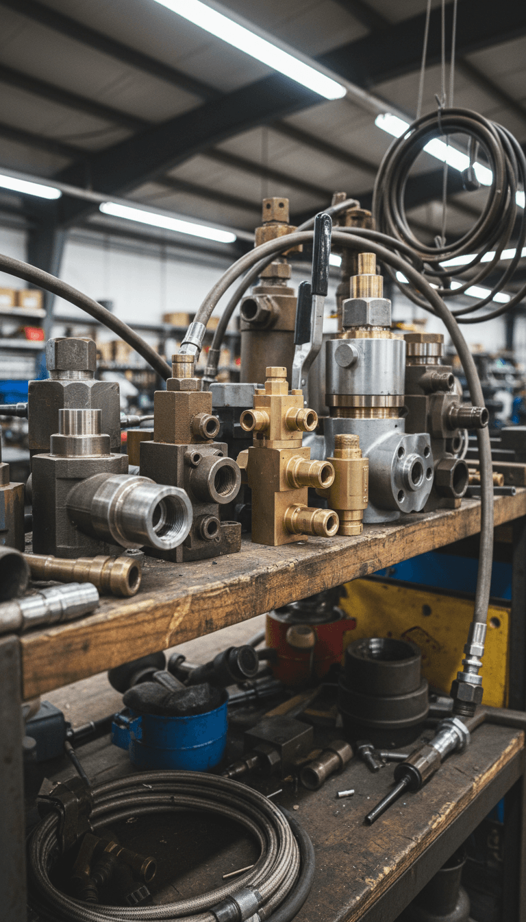 Hydraulic valves on a shelf