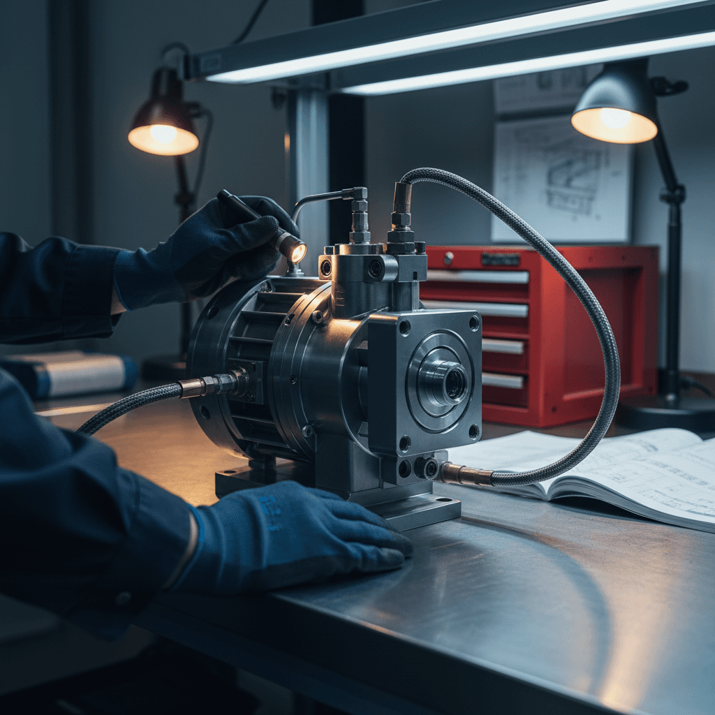 Hydraulic pump on workshop bench
