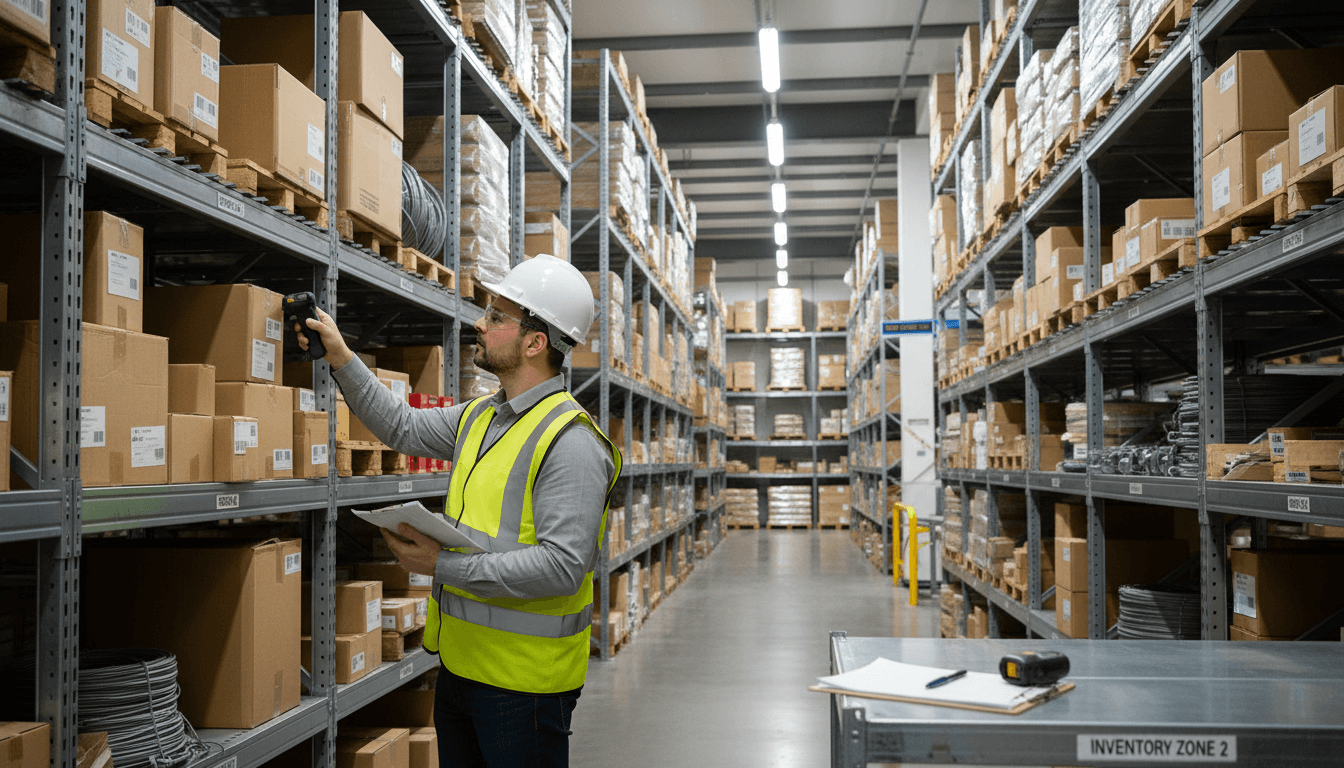 Organized hydraulic parts on warehouse shelf